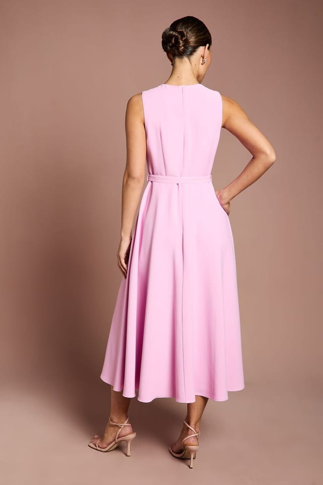 Coast Coast Women's Pleated Neckline Belted Crepe Midi Dress in Pink - 3