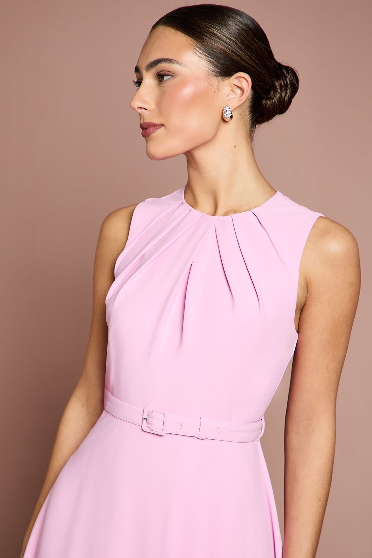 Coast Coast Women's Pleated Neckline Belted Crepe Midi Dress in Pink - 4