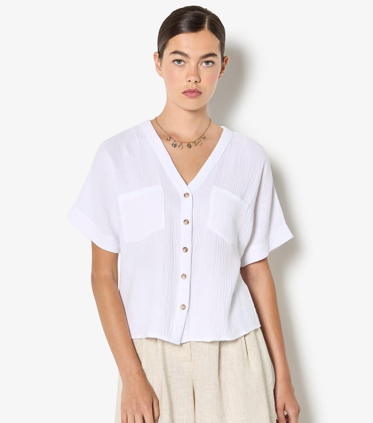 Apricot Women's White Textured Weave Collarless Shirt Apricot New Look