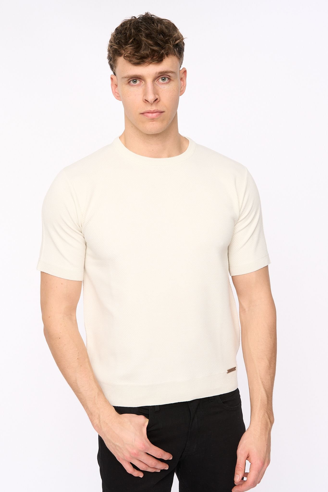 Duck and Cover Duck and Cover Men's Marvela Structured Knitted T-Shirt with Metal Badge in Light Stone - 2