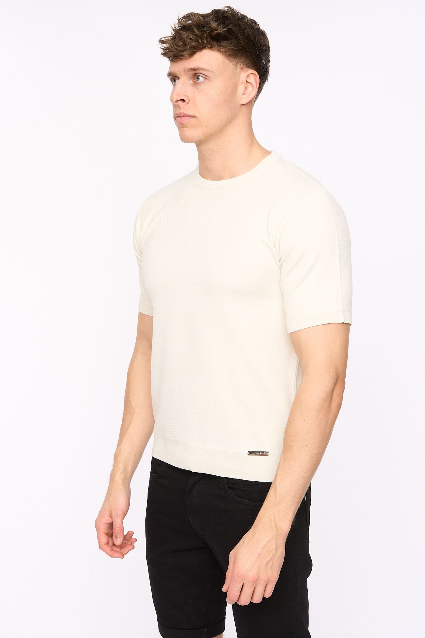 Duck and Cover Duck and Cover Men's Marvela Structured Knitted T-Shirt with Metal Badge in Light Stone - 3