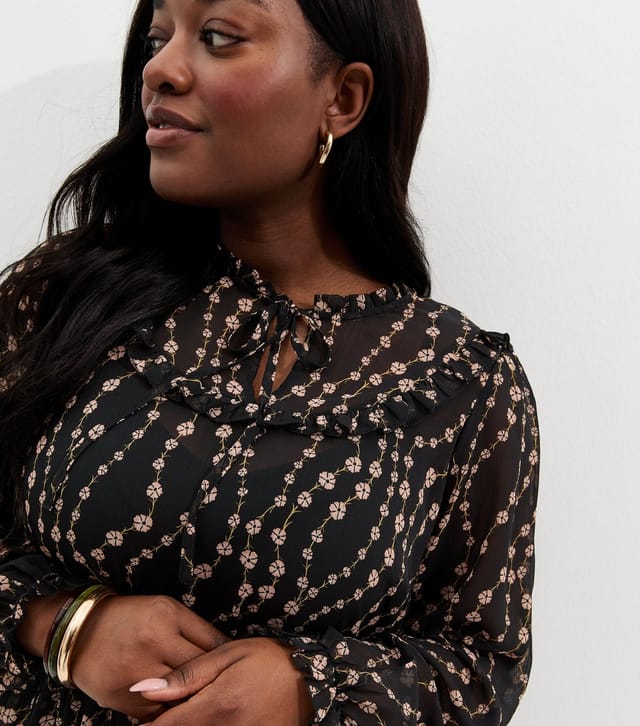 New Look Women's Plus Size Black Floral Chiffon Ruff Mini Dress Curves New Look - 2