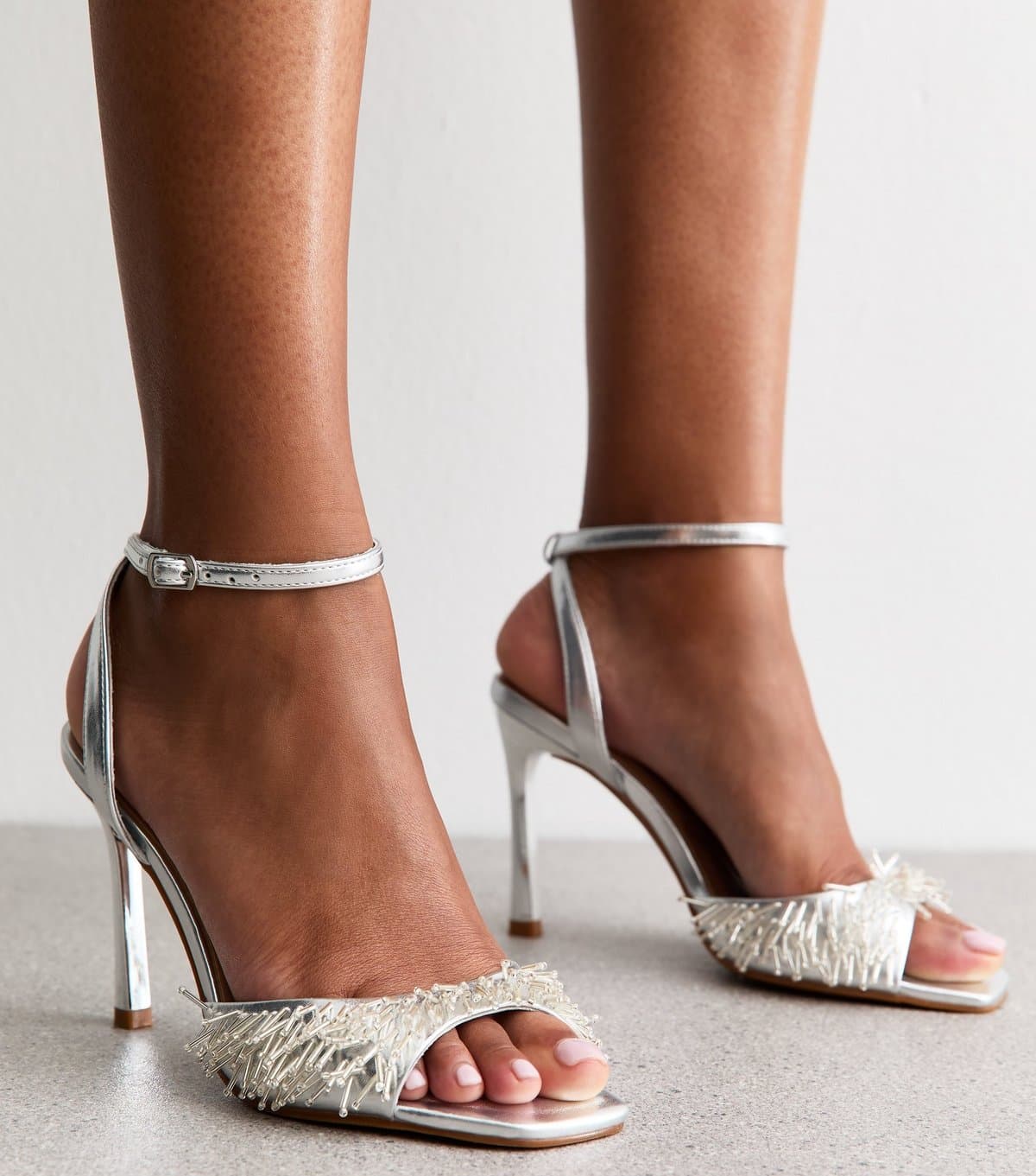 New Look Women's Silver Faux Leather Beaded Strap Stiletto Sandals New Look