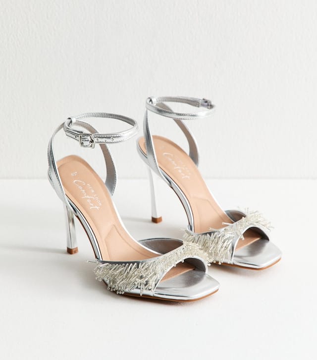 New Look Women's Silver Faux Leather Beaded Strap Stiletto Sandals New Look - 2