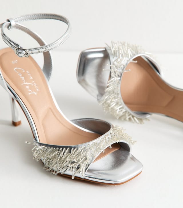 New Look Women's Silver Faux Leather Beaded Strap Stiletto Sandals New Look - 3