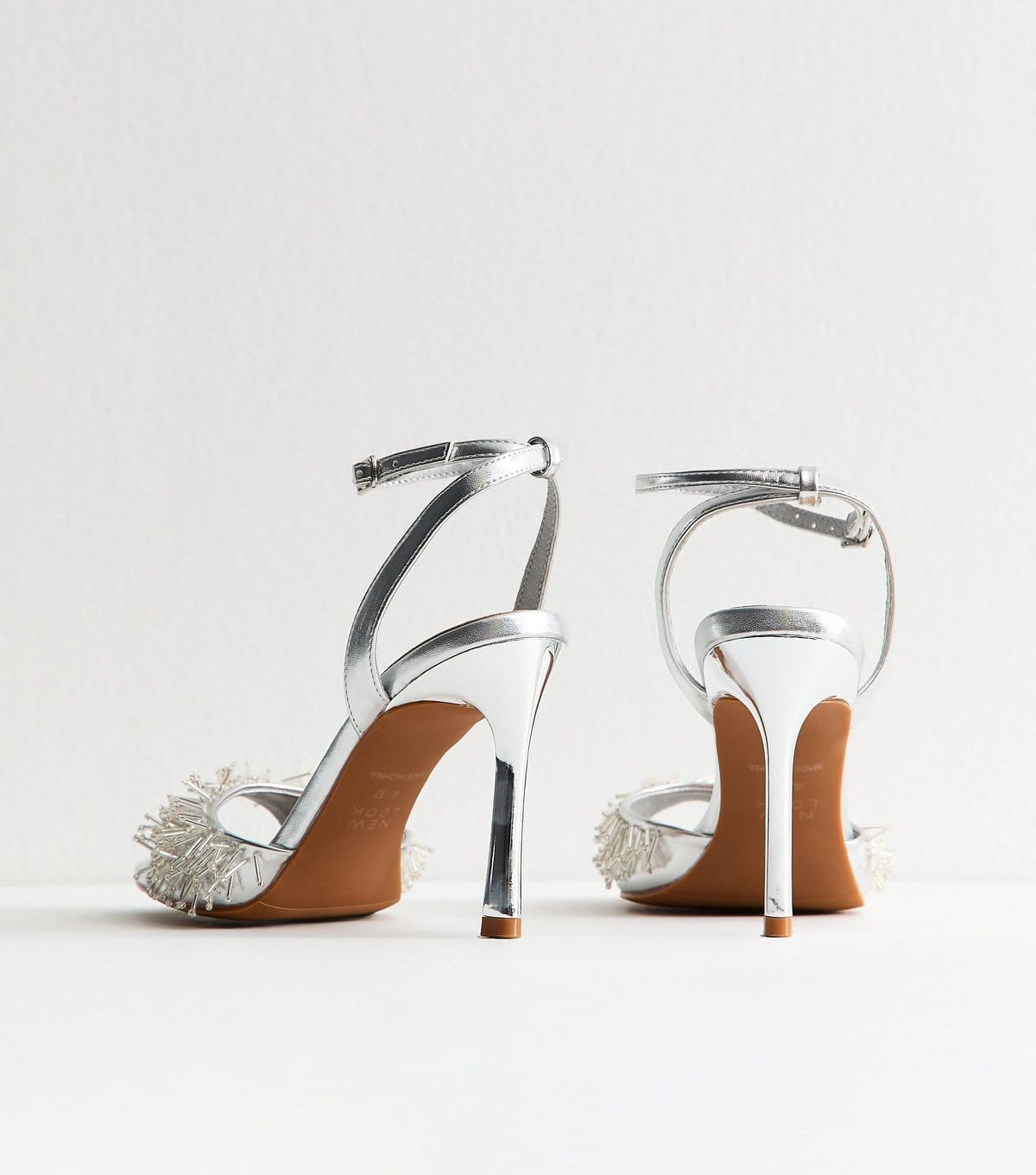 New Look Women's Silver Faux Leather Beaded Strap Stiletto Sandals New Look - 4