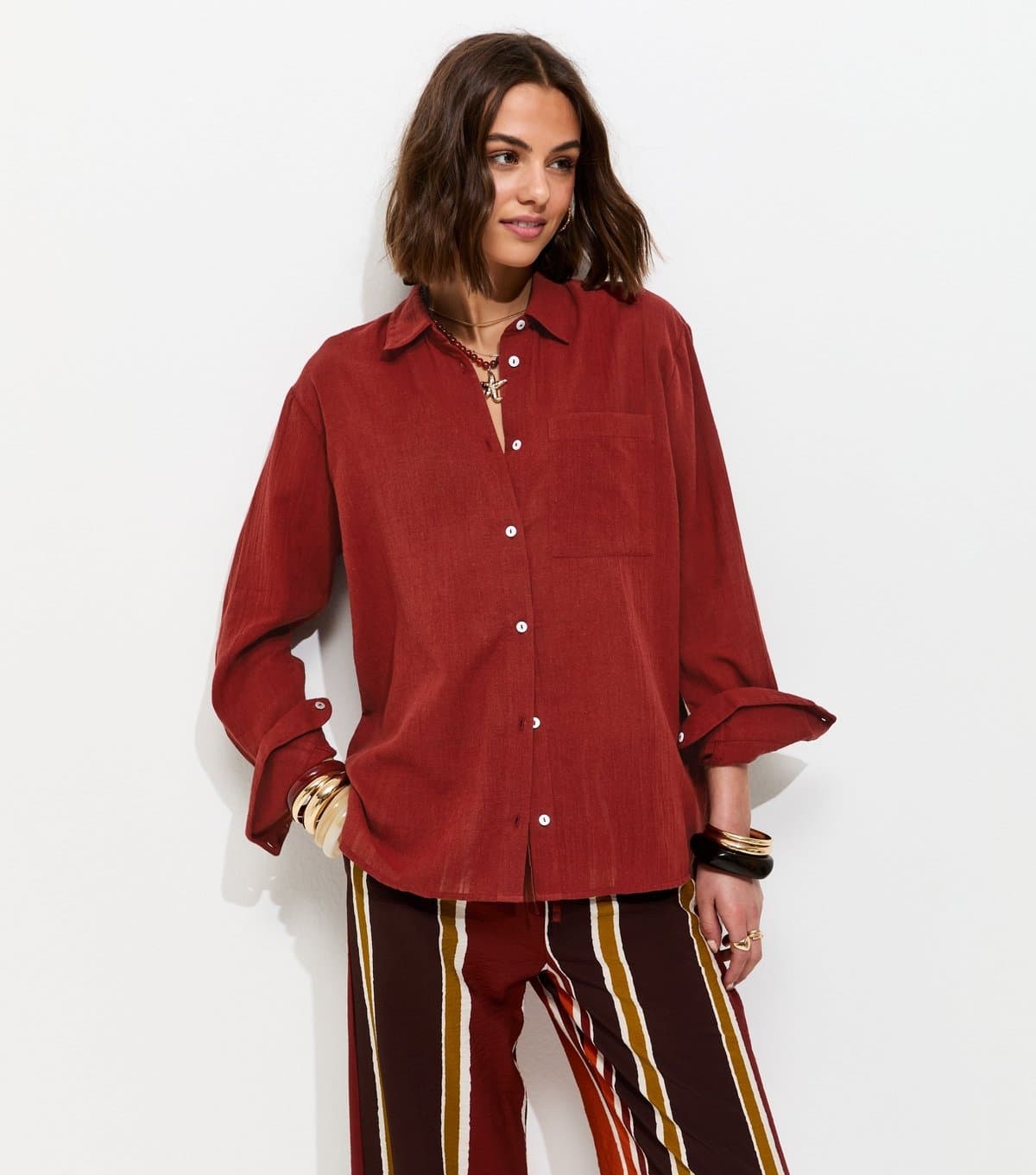 New Look New Look Dark Red Cotton Oversized Shirt