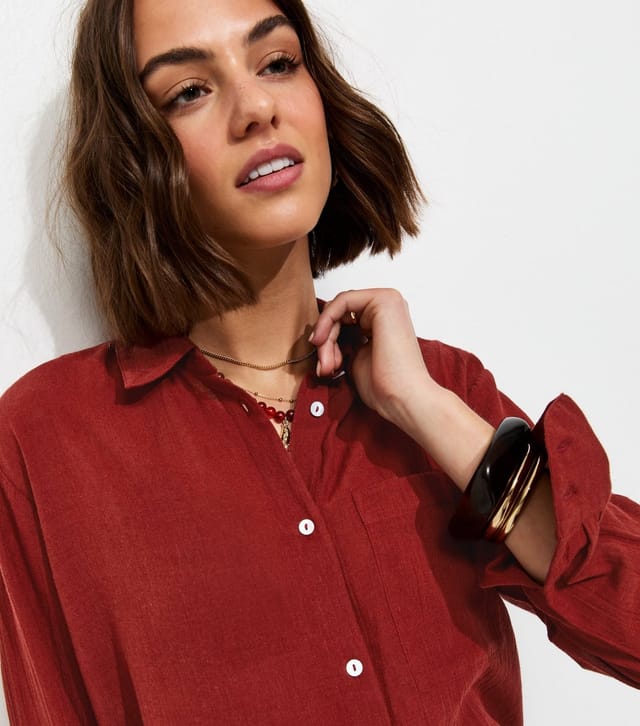 New Look Women's Dark Red Cotton Oversized Shirt New Look - 2