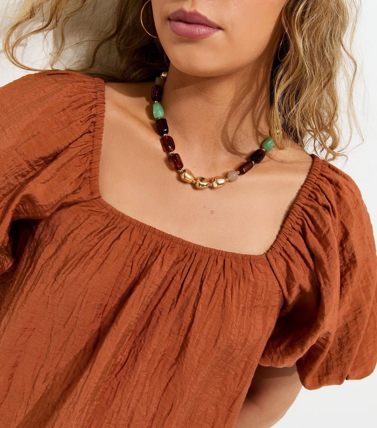 New Look New Look Brown Gold Tone Pebble Bead Necklace