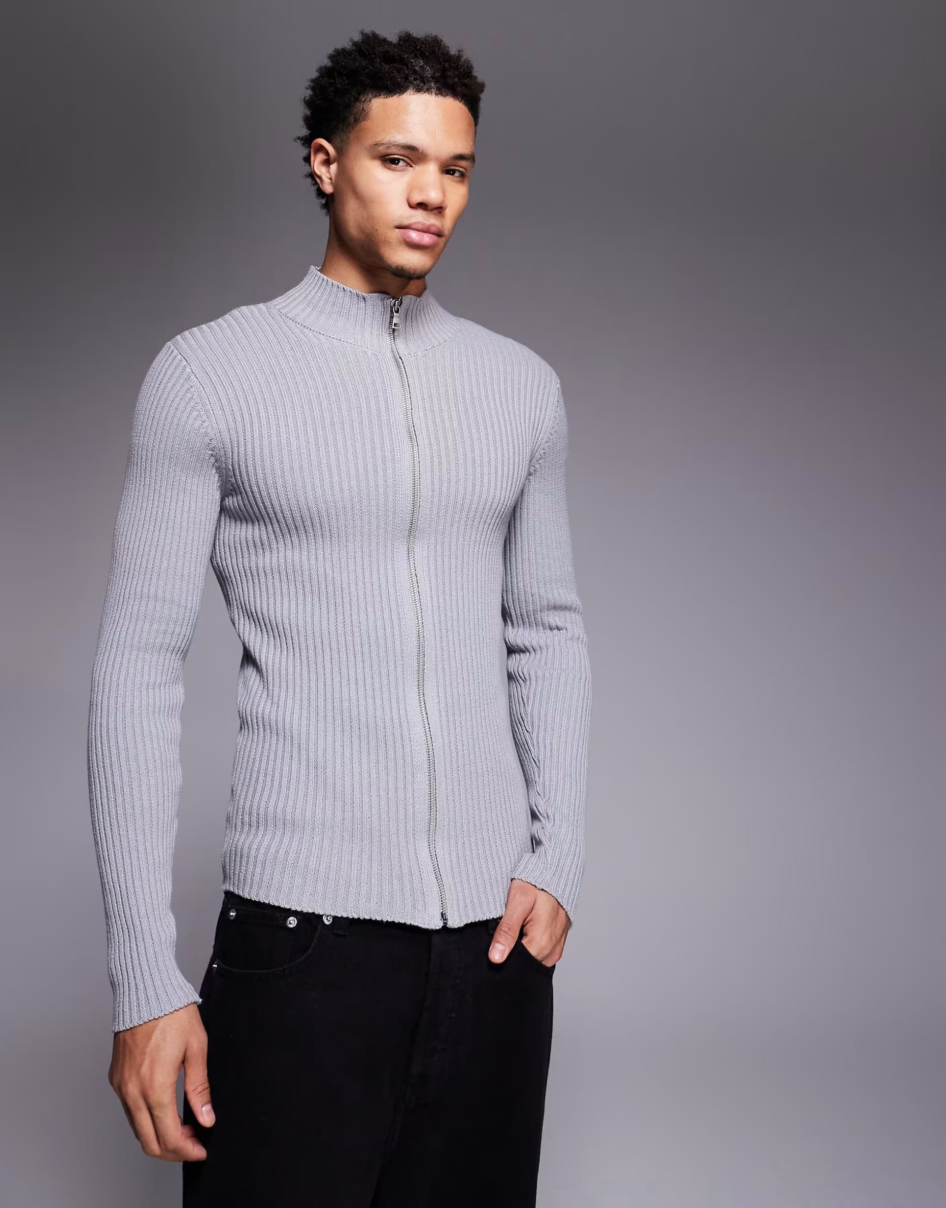 ASOS ASOS DESIGN muscle fit knitted rib zip through jacket in grey wash