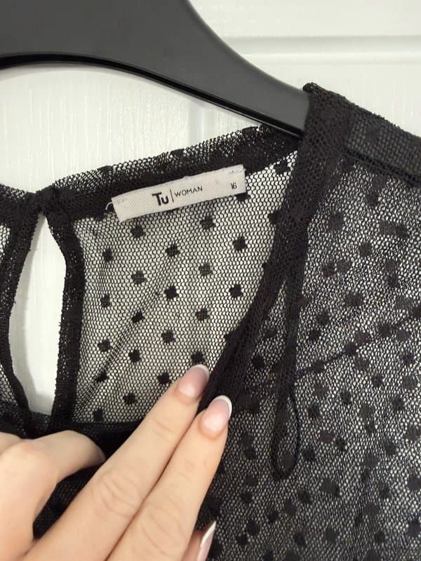 TU Tu Ladies Black Sheer Mesh Polka Midi Dress size 16!