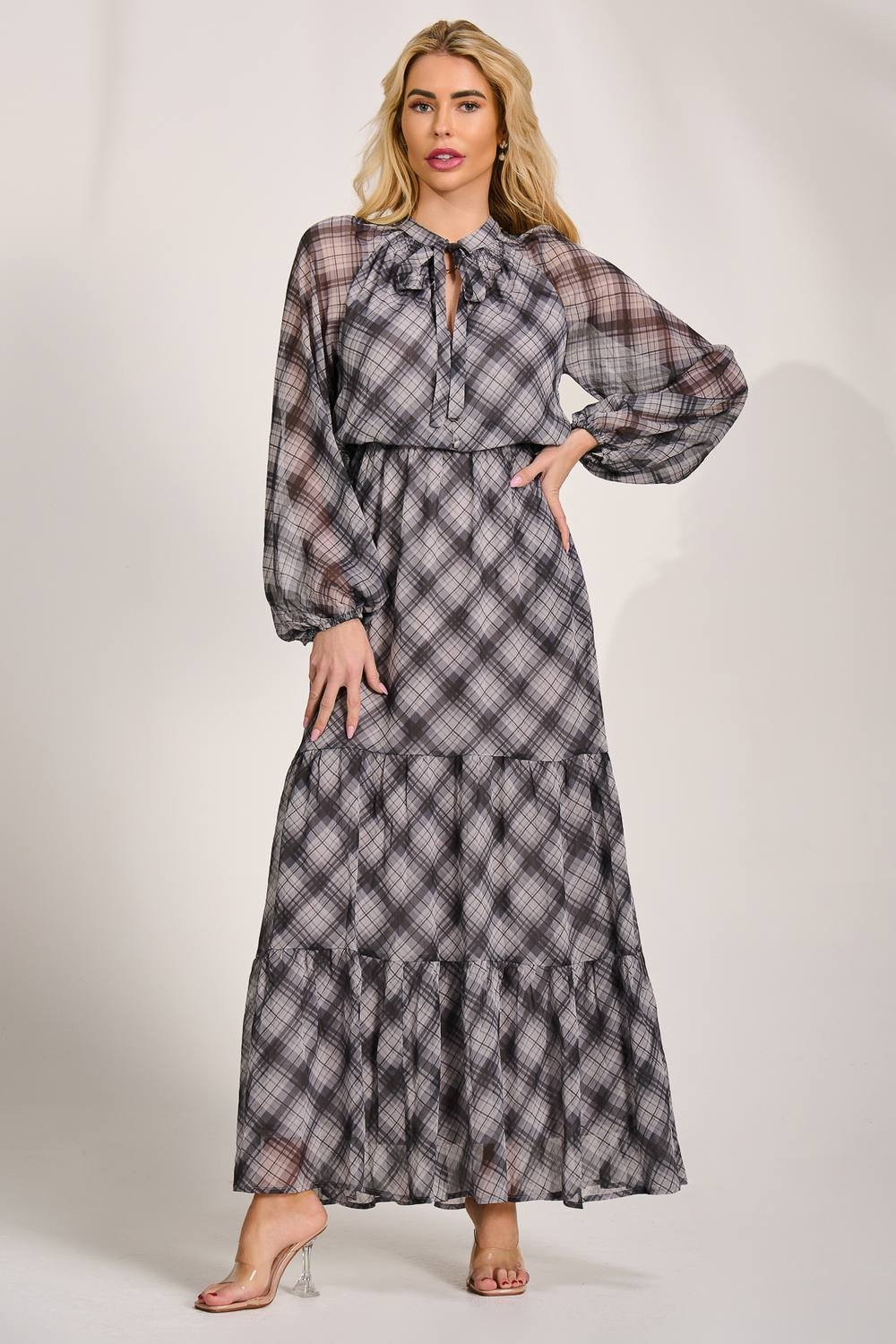 Jolie Moi Jolie Moi Women's Long Sleeve Tie Neck Maxi Dress - 2