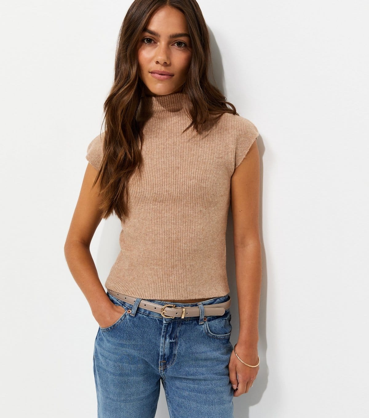 New Look Camel Ribbed Knit Cap Sleeve Top