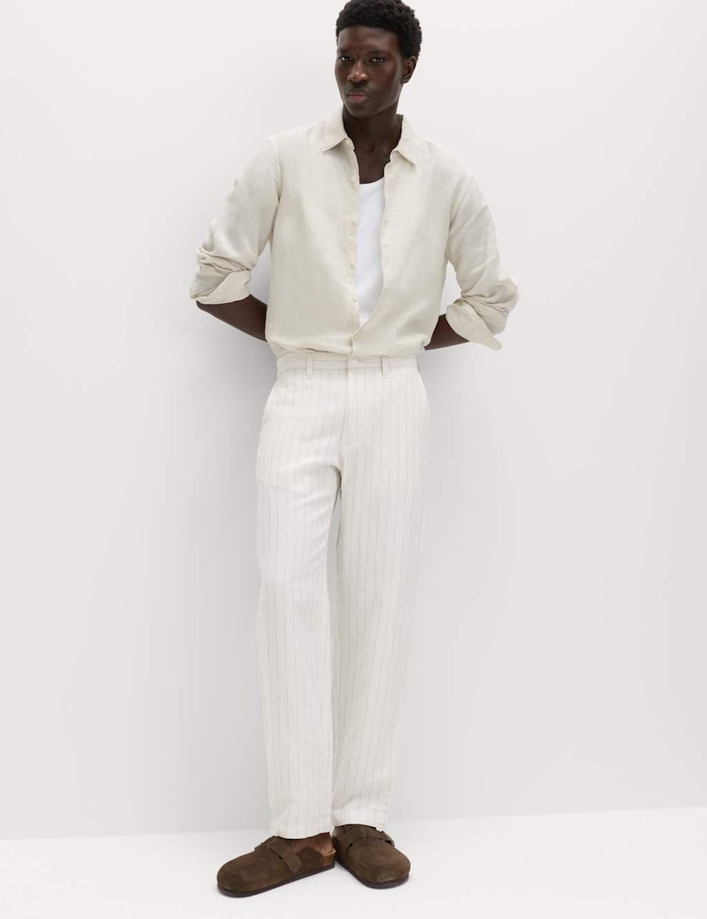 Marks & Spencer M&S Ecru Mix Regular Fit Cotton Linen Blend Chinos