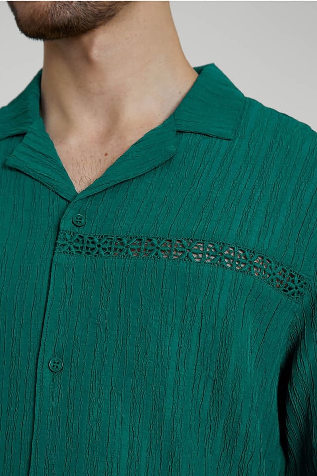 Native Youth Native Youth Men's Long Sleeve Seersucker Broderie Relaxed Shirt in Green - 3