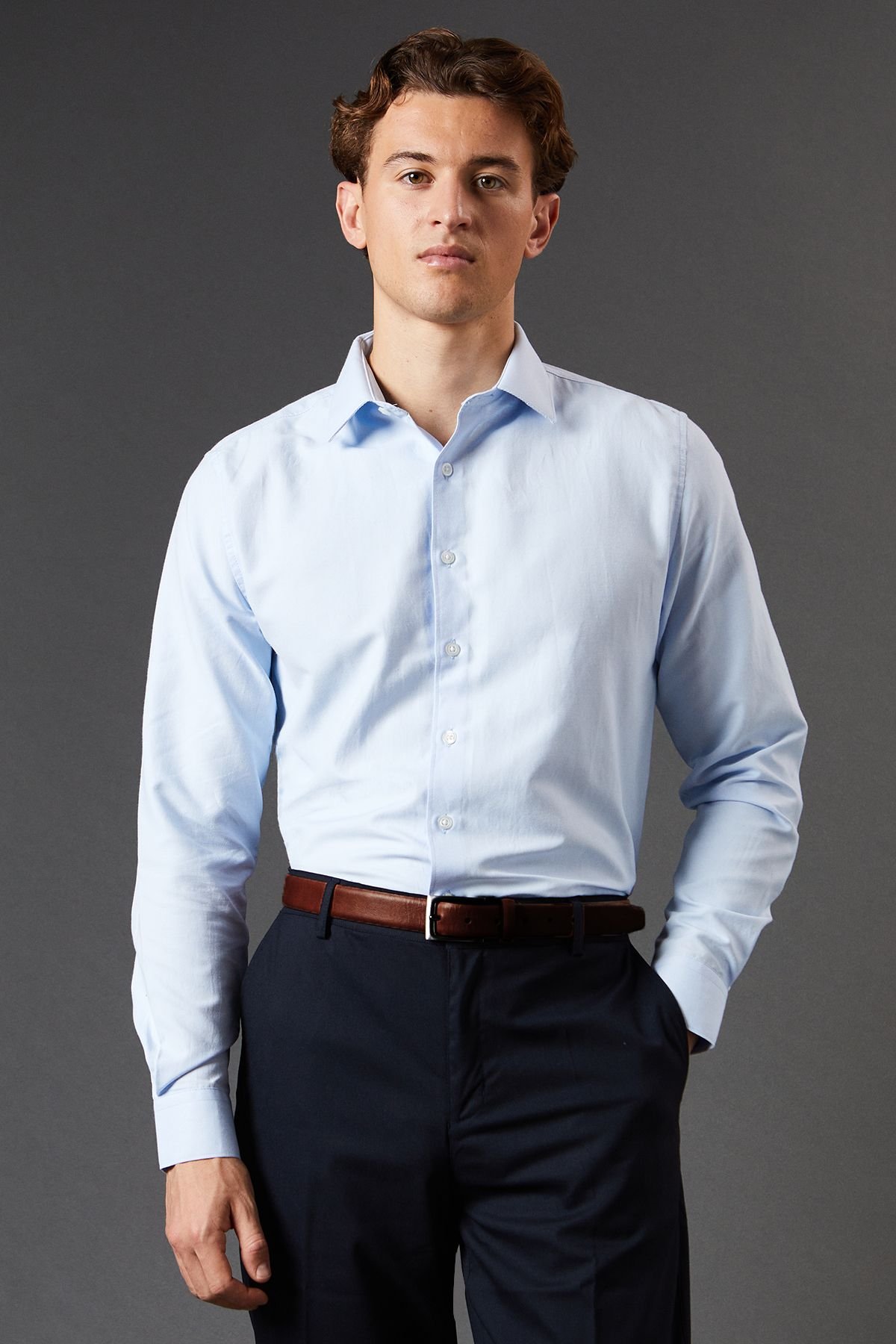 Burton Burton Men's Light Blue Easy Iron Oxford Slim Fit Long Sleeve Shirt - 2