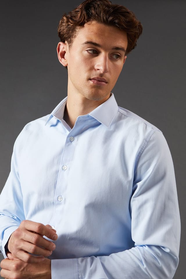 Burton Burton Men's Light Blue Easy Iron Oxford Slim Fit Long Sleeve Shirt - 2
