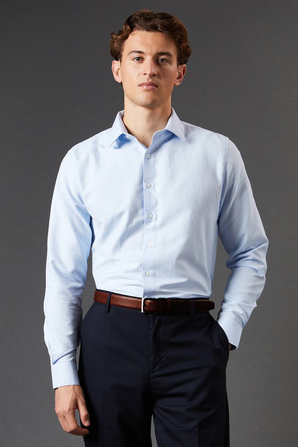 Burton Burton Men's Light Blue Easy Iron Oxford Slim Fit Long Sleeve Shirt - 3