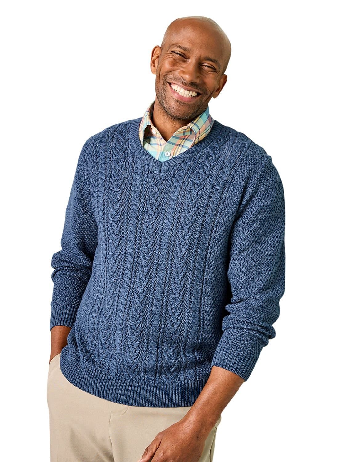 Tootal Tootal Men's Long Sleeve Chunky Cable Knit V Neck Jumper, Soft Cotton Blend in Blue
