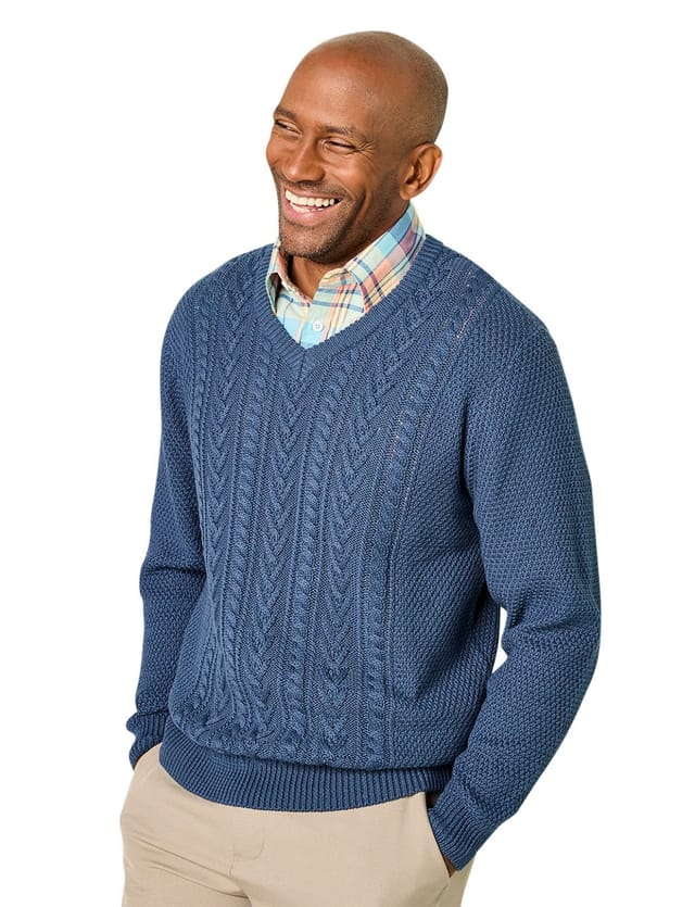 Tootal Tootal Men's Long Sleeve Chunky Cable Knit V Neck Jumper, Soft Cotton Blend in Blue - 2