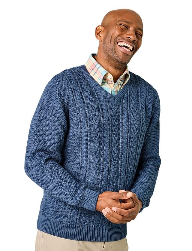 Tootal Tootal Men's Long Sleeve Chunky Cable Knit V Neck Jumper, Soft Cotton Blend in Blue - 3