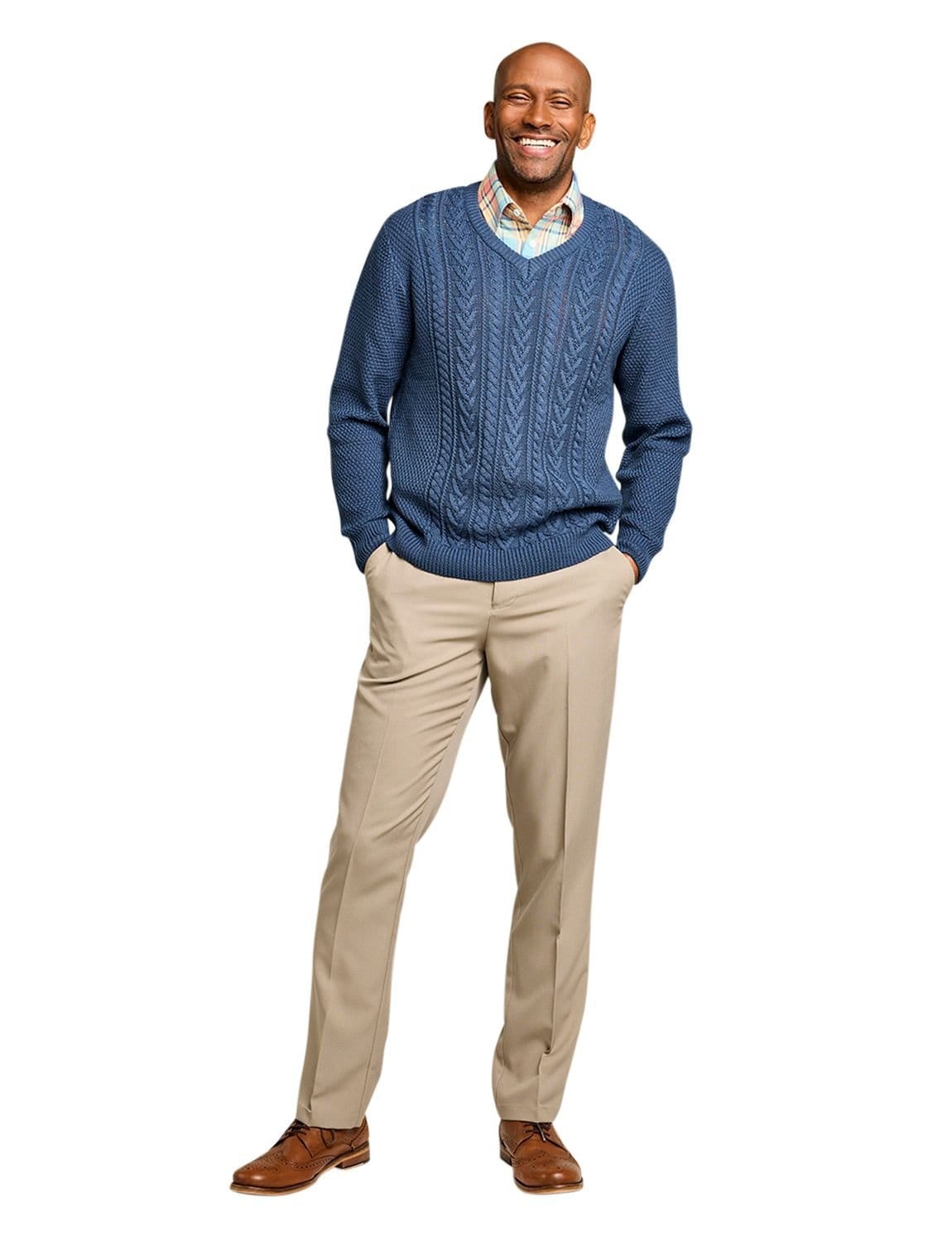 Tootal Tootal Men's Long Sleeve Chunky Cable Knit V Neck Jumper, Soft Cotton Blend in Blue - 4