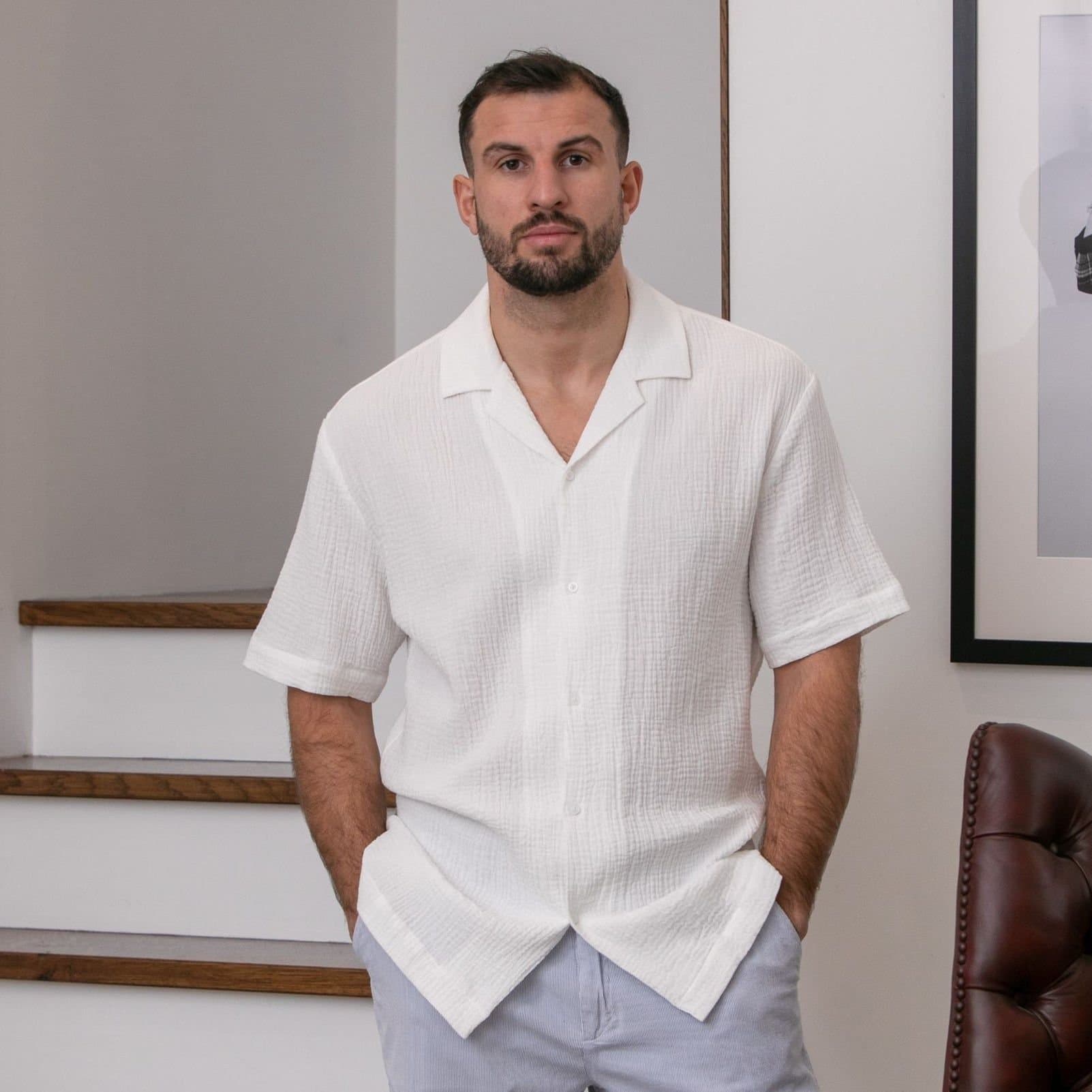 Peter Gribby Peter Gribby Men's Short Sleeve Textured Revere Shirt in White