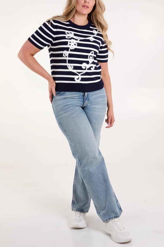 Blue Vanilla Embroidered Stripe Top - 2