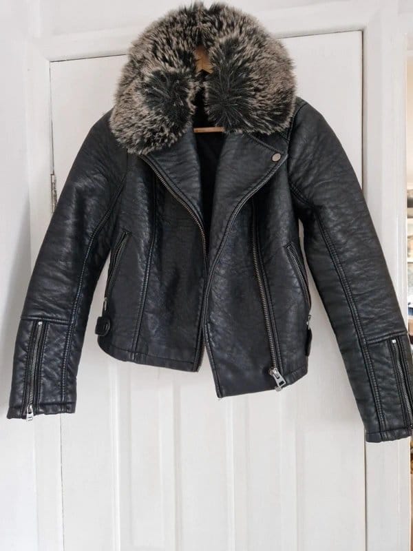 Topshop Black Leather Biker Jacket with Fur Collar