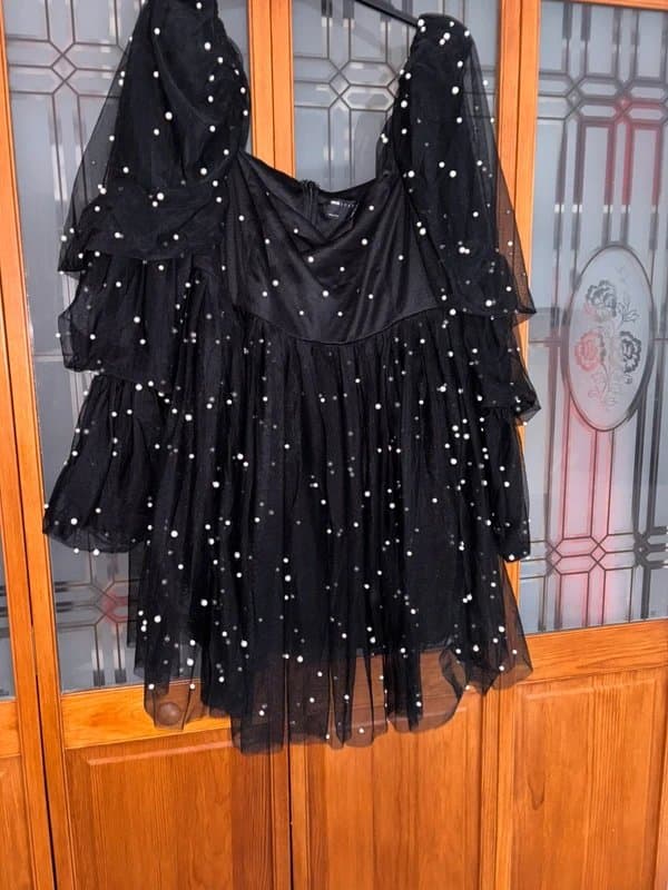ASOS ASOS Luxe Black Tulle Baby Doll Dress with Pearls UK24