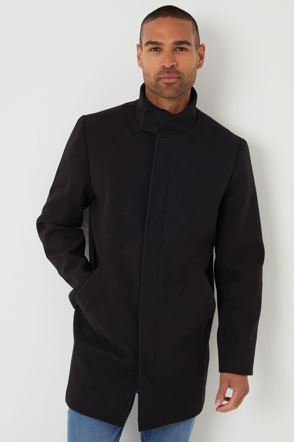 Threadbare Threadbare Men's Longline Faux Wool Funnel Neck Coat in Black