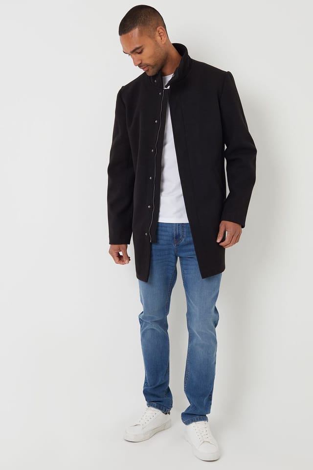 Threadbare Threadbare Men's Longline Faux Wool Funnel Neck Coat in Black - 3