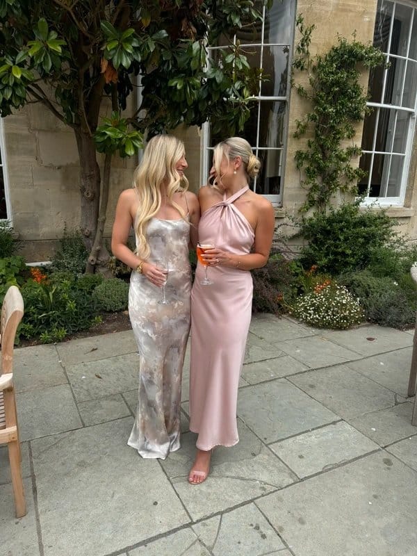 Bershka Pattern Maxi Dress - Beige & Pink Silk