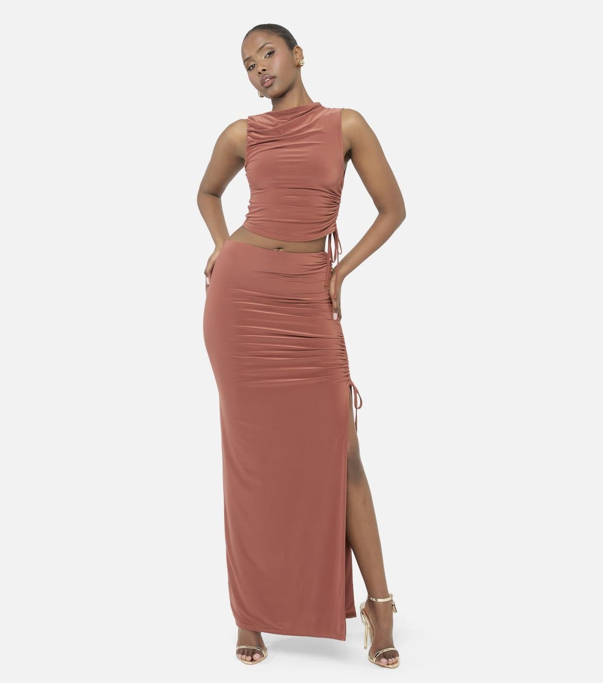 Public Desire Women's Rust Slinky Ruched Maxi Skirt Public Desire New Look