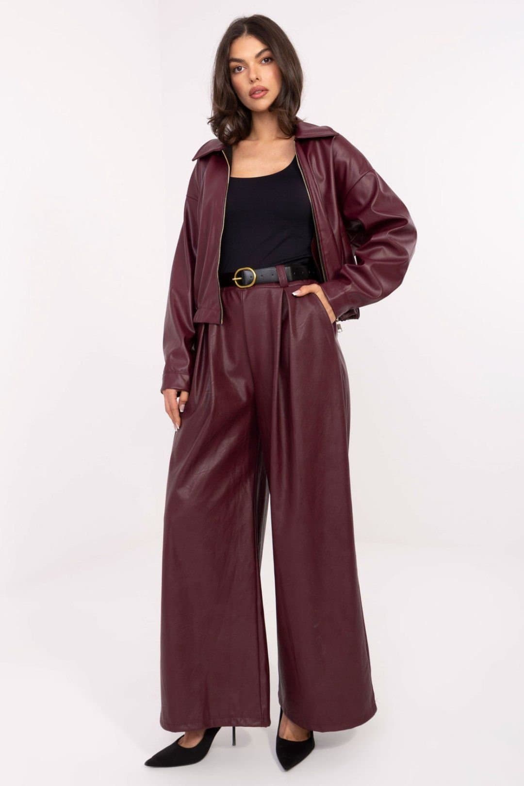 Love Lace Love Lace Women's High Waist Leather Palazzo Pants in Burgundy