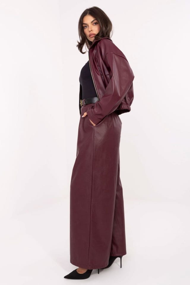 Love Lace Love Lace Women's High Waist Leather Palazzo Pants in Burgundy - 2
