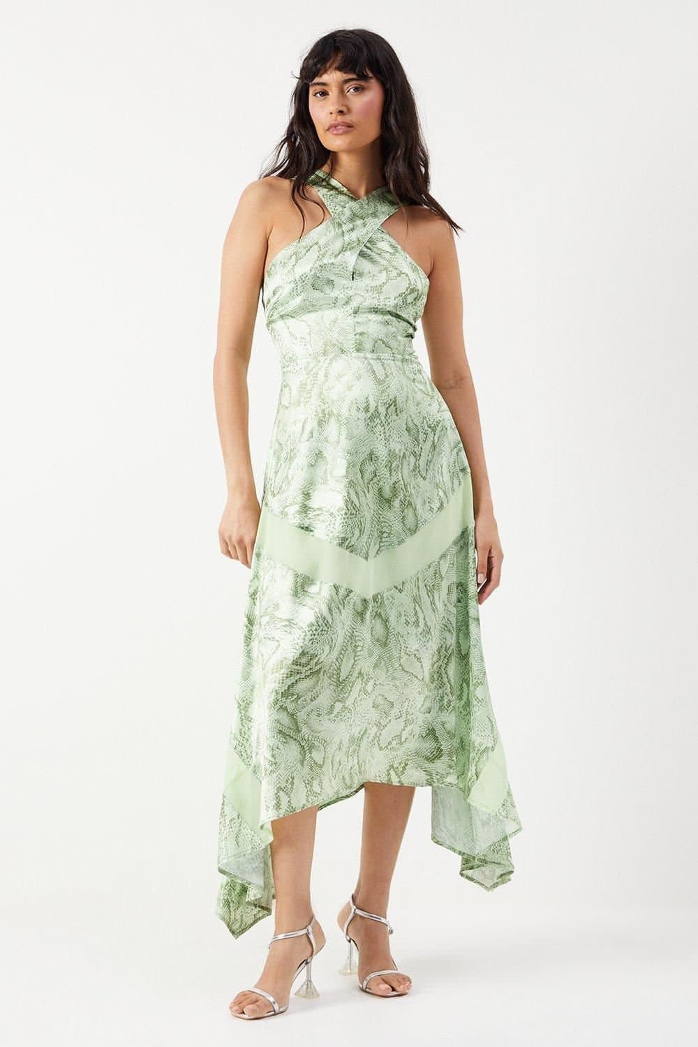 Warehouse Warehouse Women's Snake Print Satin Cross Front Chiffon Insert Hanky Hem Midi Dress in Lime