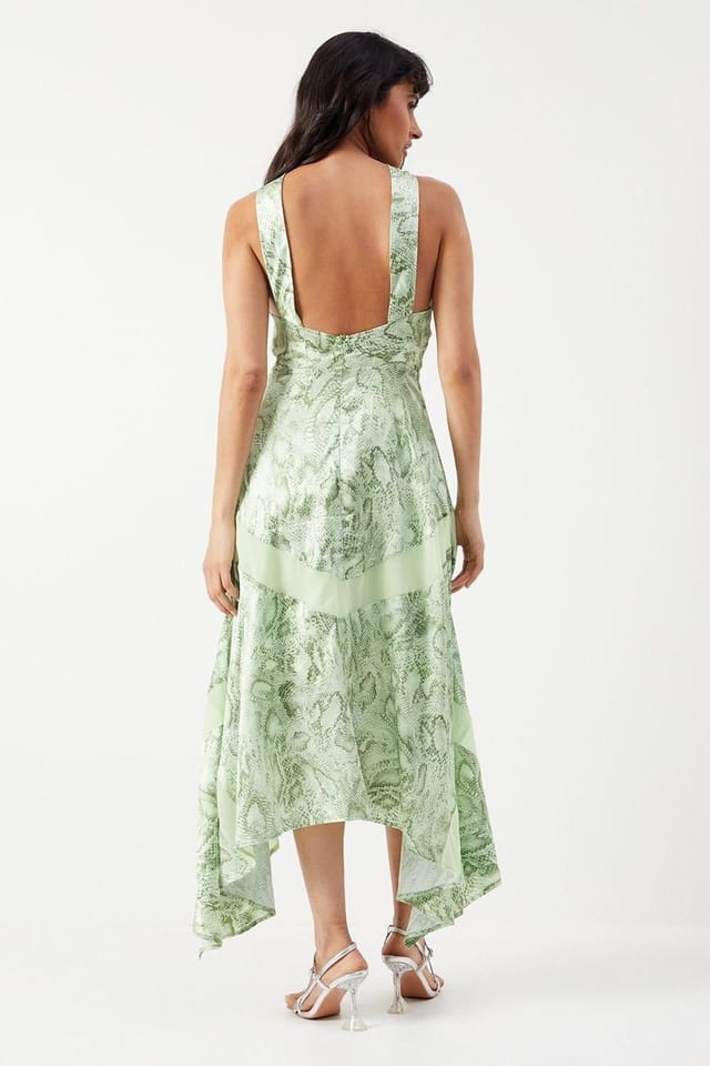 Warehouse Warehouse Women's Snake Print Satin Cross Front Chiffon Insert Hanky Hem Midi Dress in Lime - 3