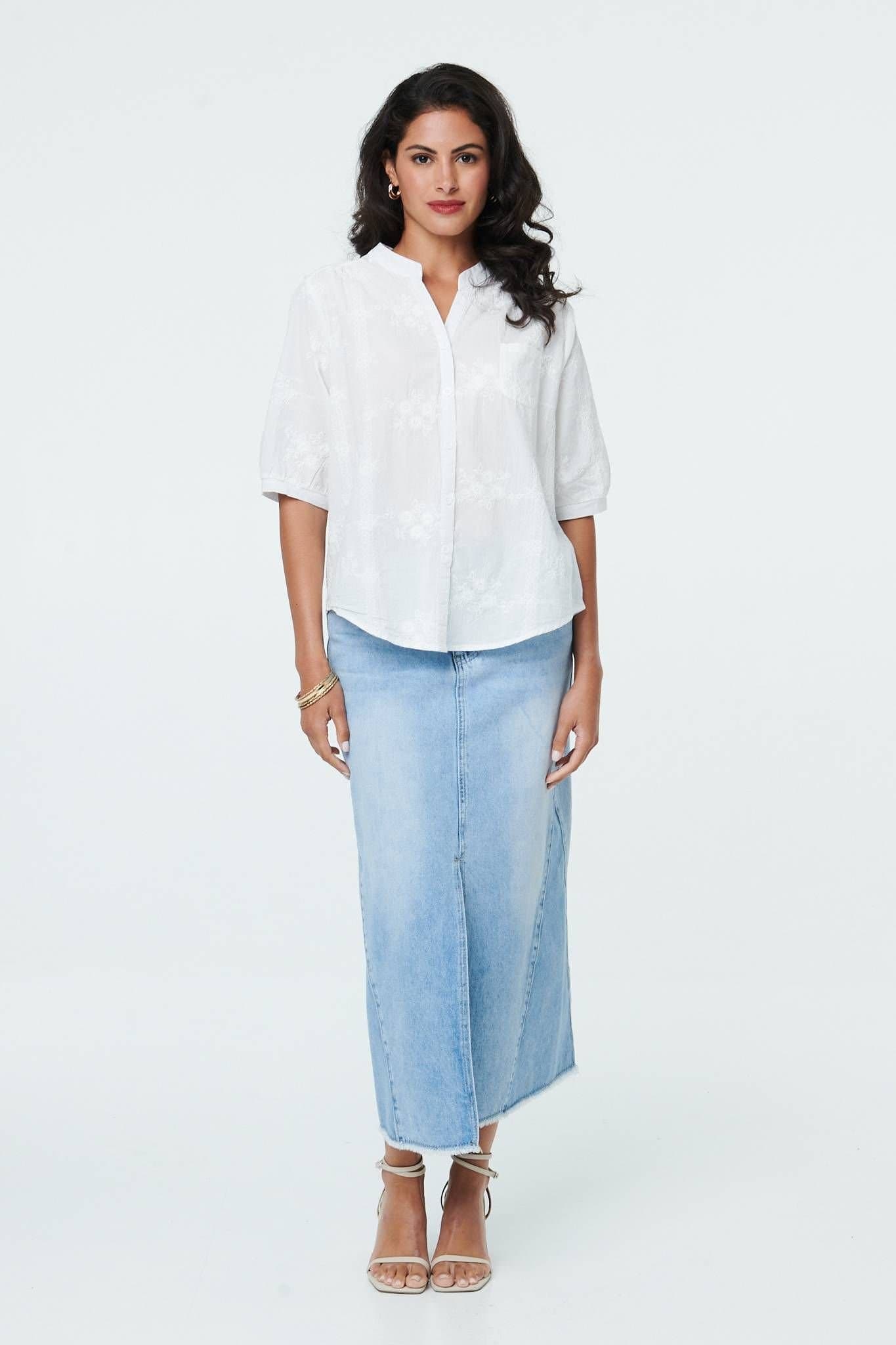 Izabel London Izabel London Women's Floral Embroidered 1/2 Sleeve Shirt in White