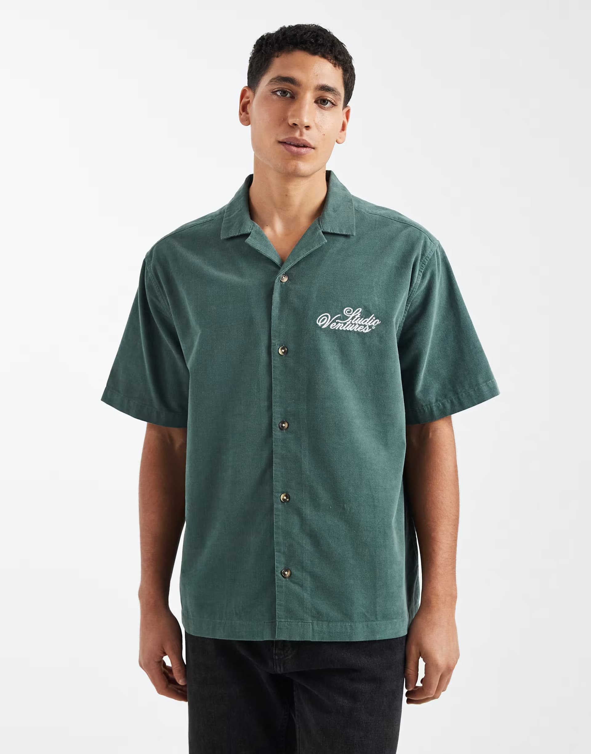 ASOS ASOS DESIGN revere cord shirt with chest embroidery in dark green