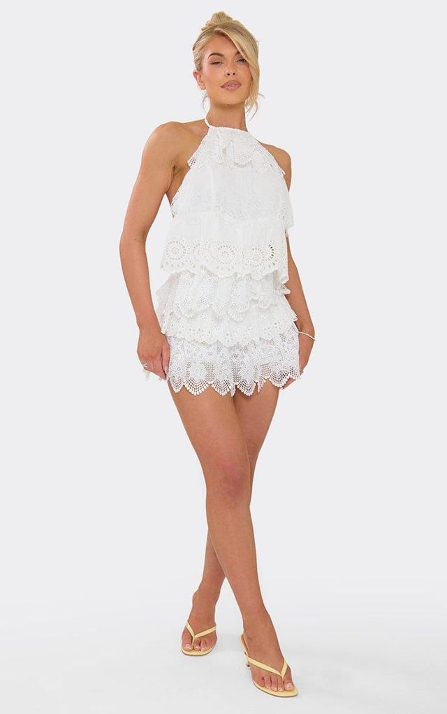 EGO Halterneck Tie Back Tiered Playsuit In White Floral Texture, Women's Size UK 6 - 2
