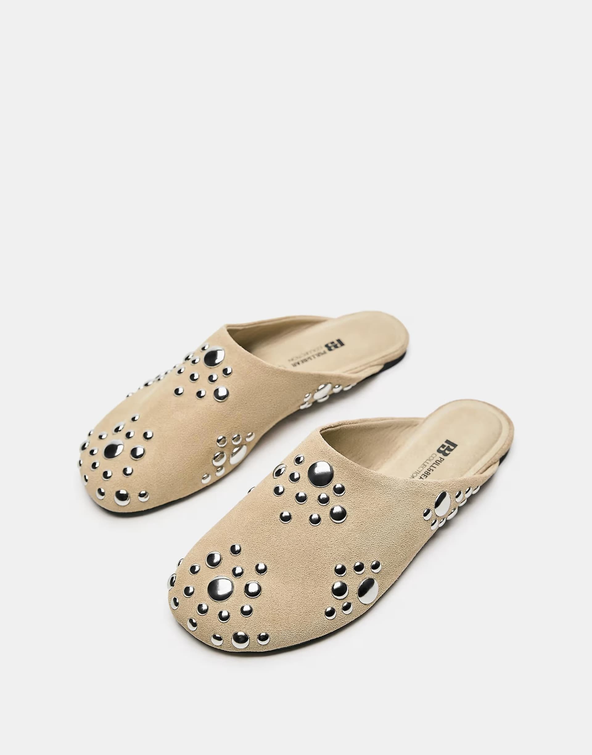 ASOS Pull&Bear Studded leather mule shoes in sand