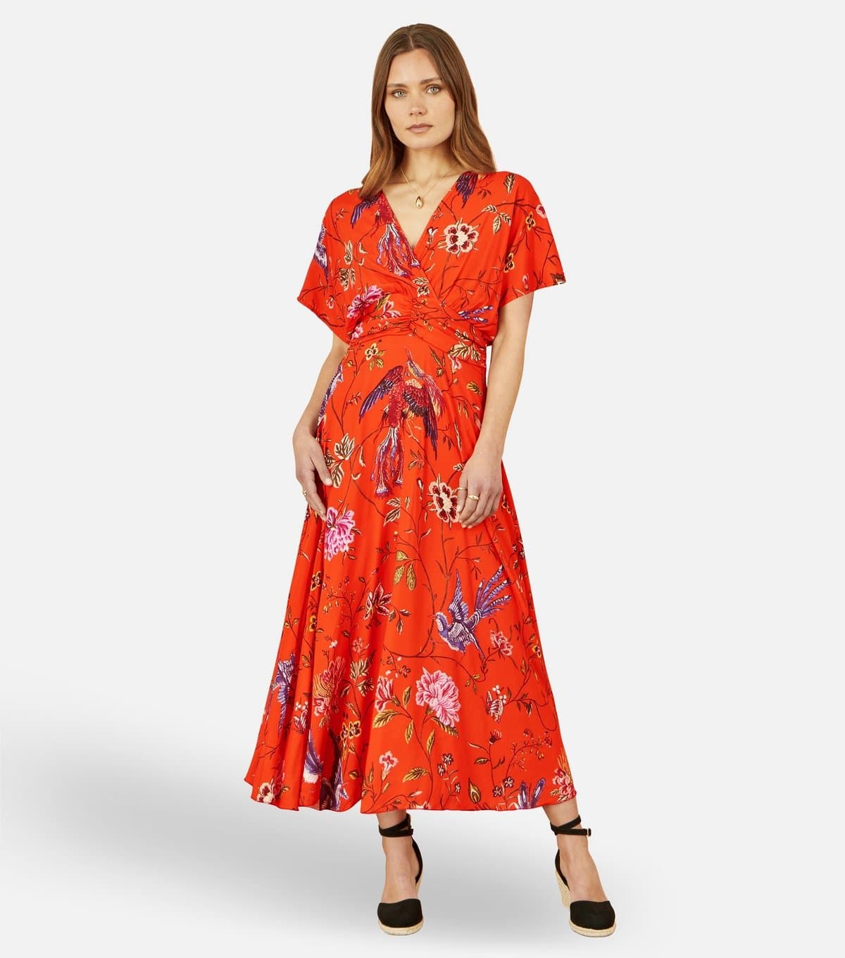 Yumi Women's Orange Floral Bird Print Flared Midi Dress Yumi New Look