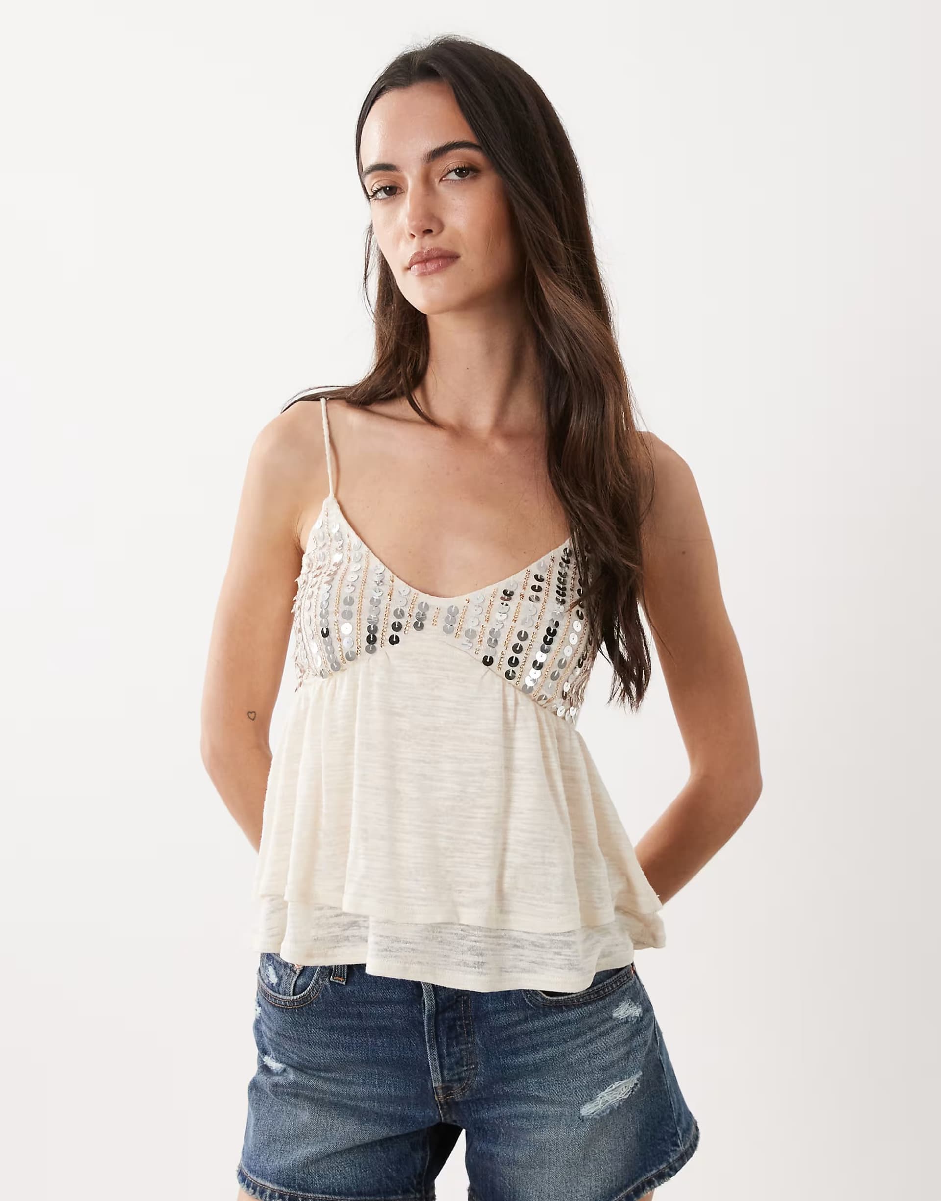 ASOS Miss Selfridge festival sequin detail baby doll cami top in cream