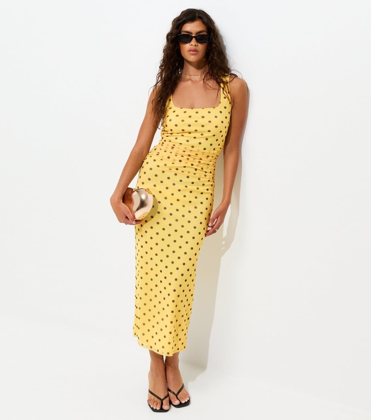 New Look Women's Yellow Spotty Mesh Square Neck Midi Dress New Look
