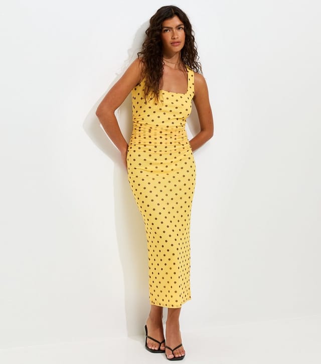 New Look Women's Yellow Spotty Mesh Square Neck Midi Dress New Look - 3
