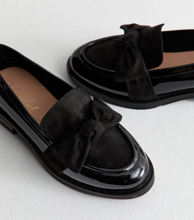 New Look Women's Black Faux Patent Bow Appliqued Loafers Vegan New Look - 3