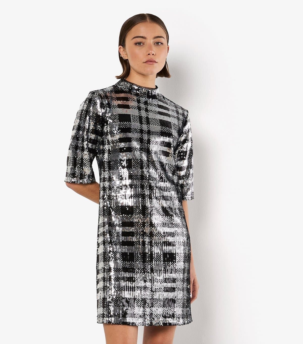 Apricot Apricot Black Sequin Mock Neck Mini Dress