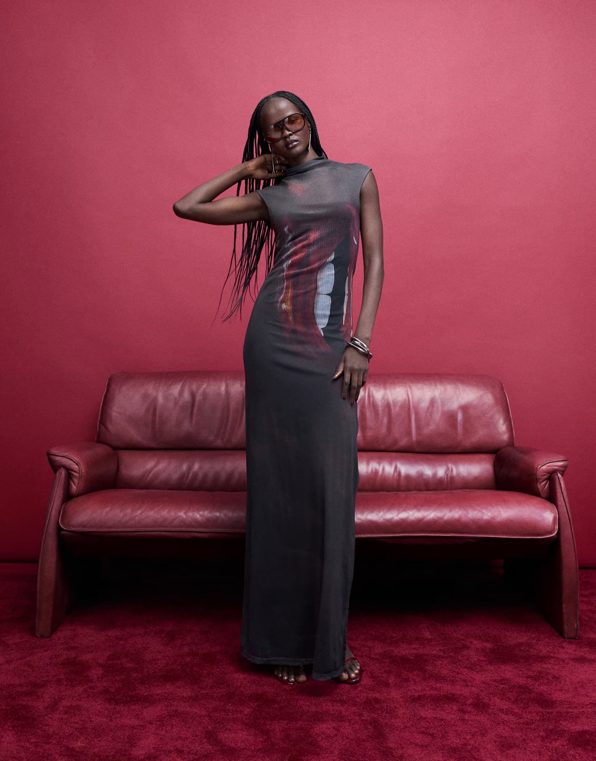 ASOS ASOS DESIGN printed mesh high neck mesh maxi dress with lip print in black