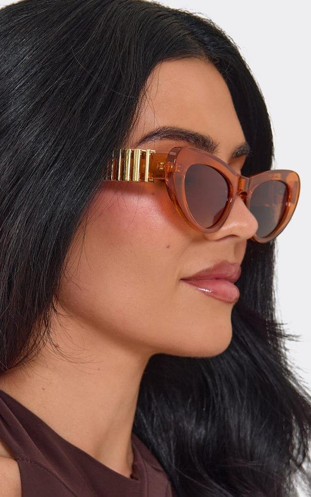 EGO Gold Side Bar Detail Cateye Shaped Sunglasses In Orange, Women's Size UK 0 - 2